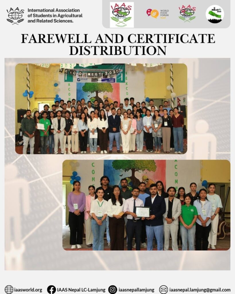 Group photos of IAAS Nepal LC-Lamjung members during the Farewell and Certificate Distribution event.