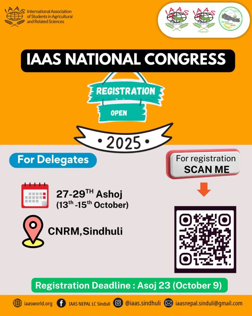 Promotional poster for the IAAS National Congress 2025 in Nepal, with event details: October 13th-15th at CNRM, Sindhuli, and a QR code for registration.