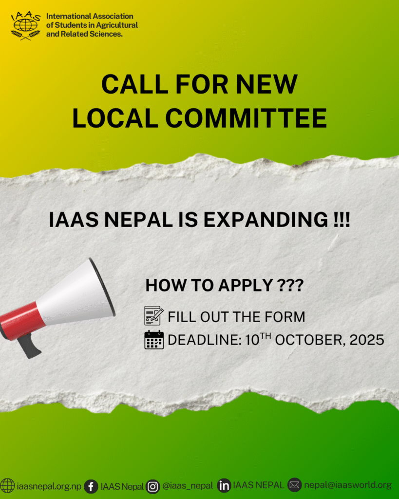 Promotional poster for IAAS Nepal's call for new Local Committees, featuring a megaphone and the deadline: 10th October, 2025.