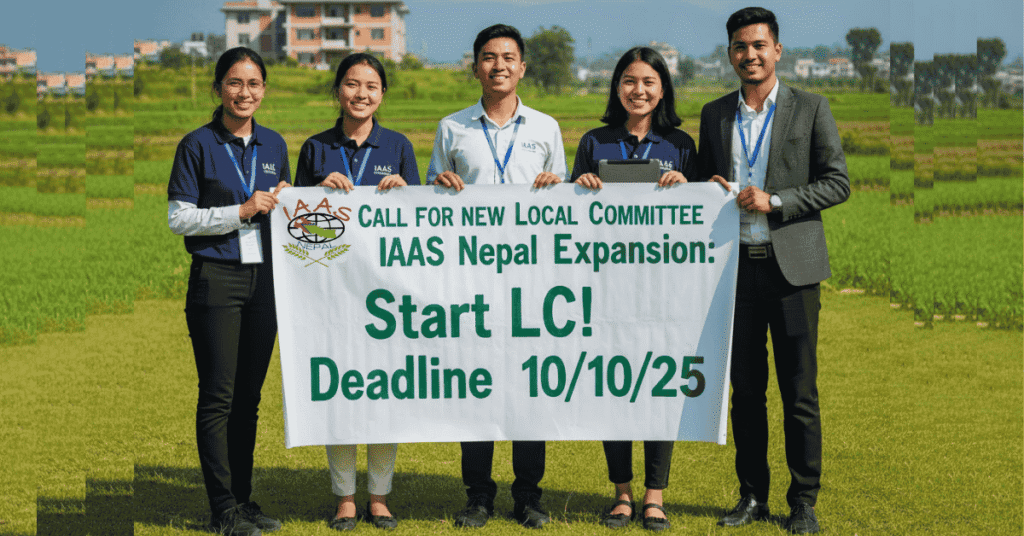 Five young IAAS Nepal student leaders holding a banner that reads: "CALL FOR NEW LOCAL COMMITTEE IAAS Nepal Expansion: Start LC! Deadline 10/10/25" in an open agricultural field.