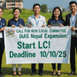 Five young IAAS Nepal student leaders holding a banner that reads: "CALL FOR NEW LOCAL COMMITTEE IAAS Nepal Expansion: Start LC! Deadline 10/10/25" in an open agricultural field.
