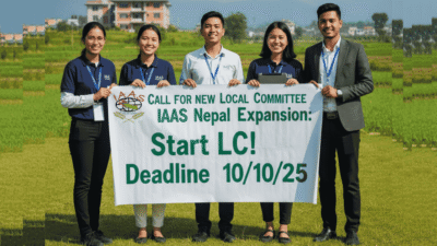 Five young IAAS Nepal student leaders holding a banner that reads: "CALL FOR NEW LOCAL COMMITTEE IAAS Nepal Expansion: Start LC! Deadline 10/10/25" in an open agricultural field.