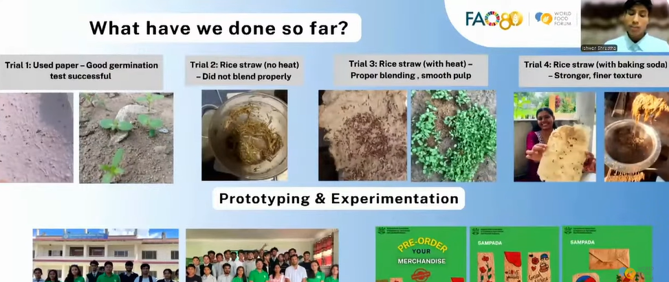 A compilation of four images showing the global recognition of a Nepali agricultural project. Key visual elements include a large screen presentation of the project, "SAMPADA," in front of a live audience; detailed slides showing the prototyping trials (Rice straw with/without heat, successful germination) and merchandise; and close-ups of two certificates: the Youth Food Lab Award (EUR 1000) supported by Wageningen University, and the Youth Food Lab x Learning Factory Award supported by Penn State, both won by SAMPADA in October 2025.